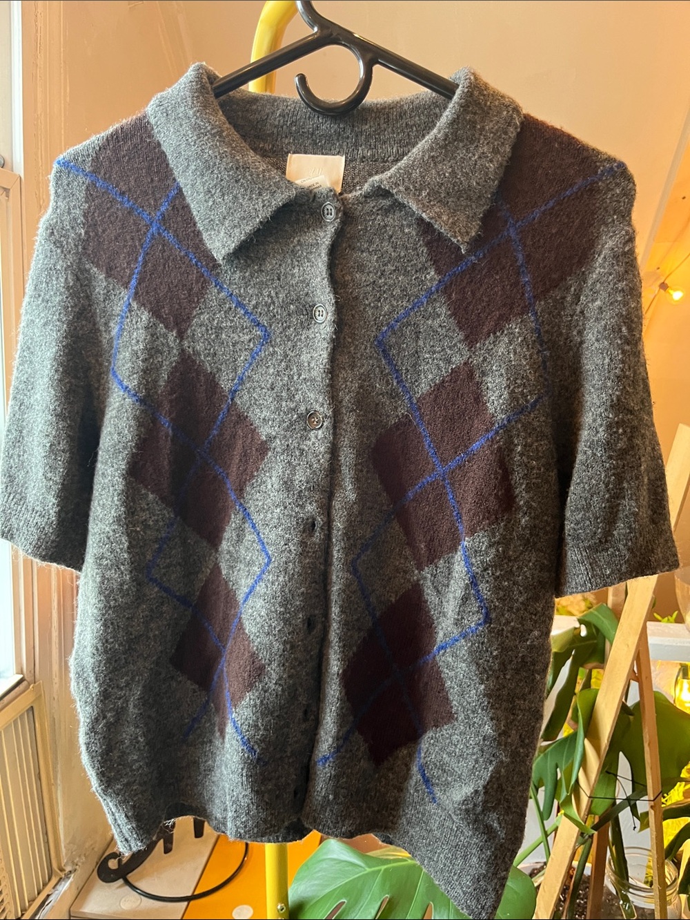 H&M Gray Short-Sleeve Argyle Cardigan with Blue and Brown Accents